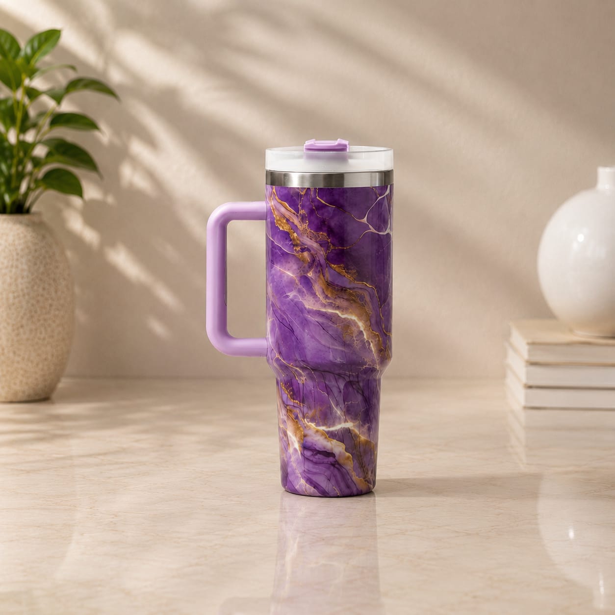1200ML Marble Design Stainless Steel Insulated Tumbler with Handle | Double Wall Vacuum Travel Mug for Hot & Cold Drinks