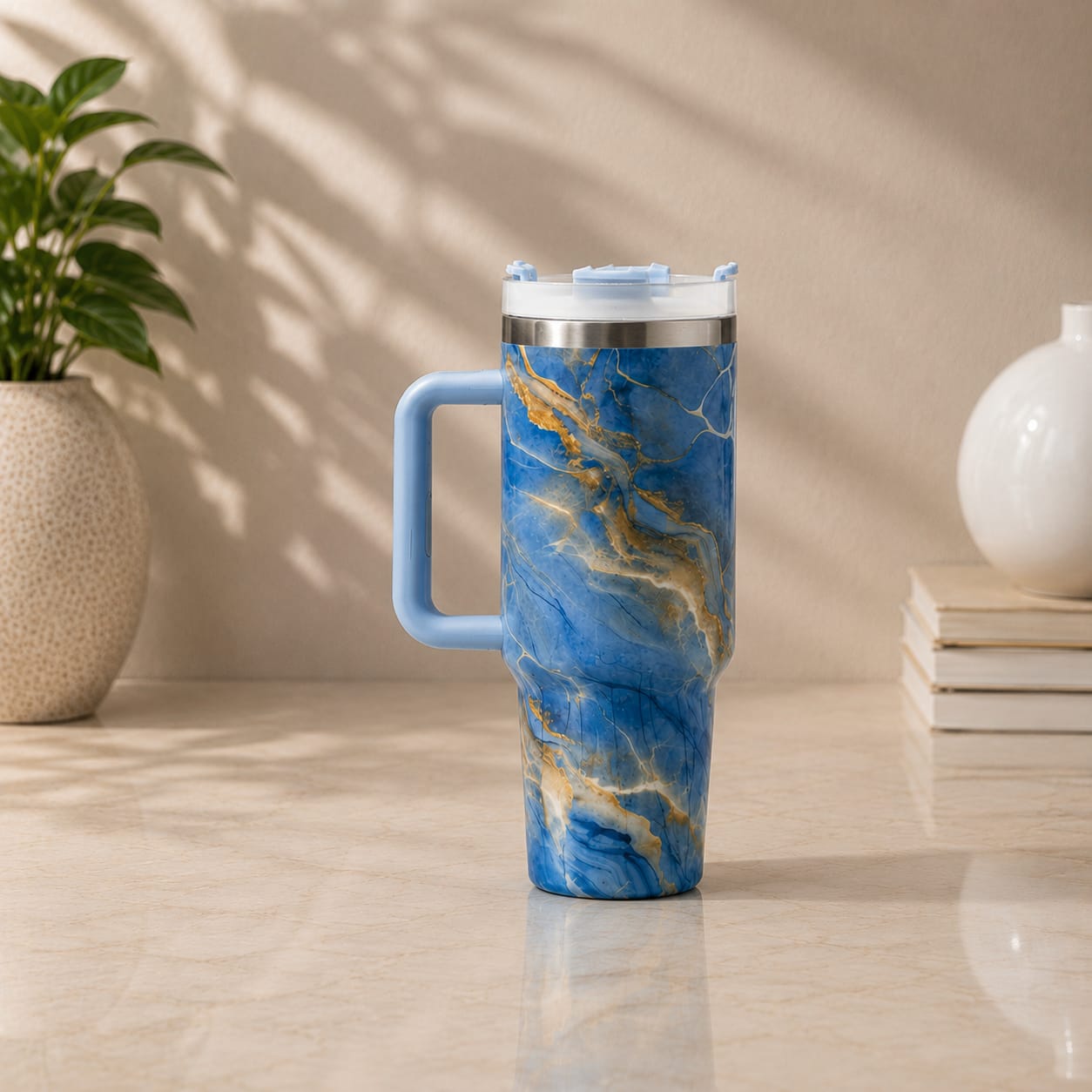 1200ML Marble Design Stainless Steel Insulated Tumbler with Handle | Double Wall Vacuum Travel Mug for Hot & Cold Drinks